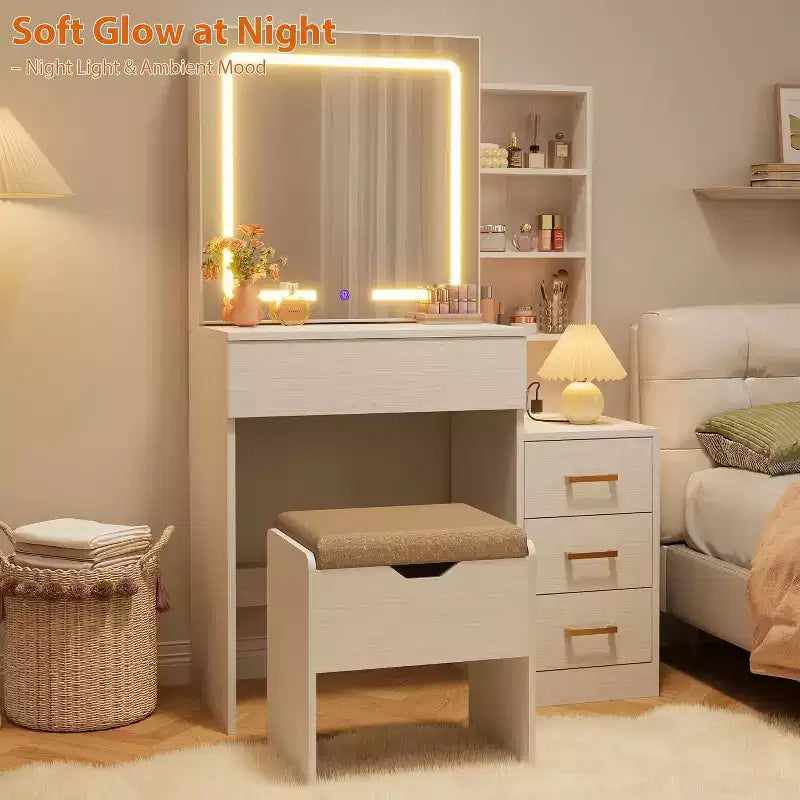 DobleePy Modern Vanity Desk with Sliding Mirror & LED Lights, 4 Drawers, 7 Shelves, Charging Station & Stool, Makeup Dressing Table for Bedroom