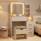 DobleePy Modern Vanity Desk with Sliding Mirror & LED Lights, 4 Drawers, 7 Shelves, Charging Station & Stool, Makeup Dressing Table for Bedroom
