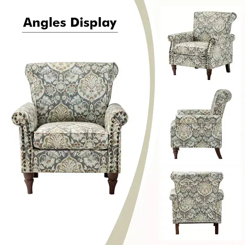 Araceli Traditional Wooden Upholstered Floral Armchair with Wingback and Nailhead Trim| ART OF LIVING DESIGNS