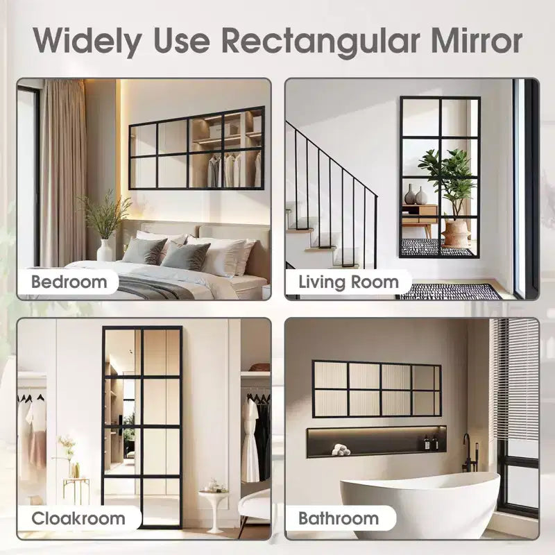 JIONJOY Minimalist Black Metal Framed Wall Mirror, Window-Style Accent Mirror, Shatterproof Entryway Mirror