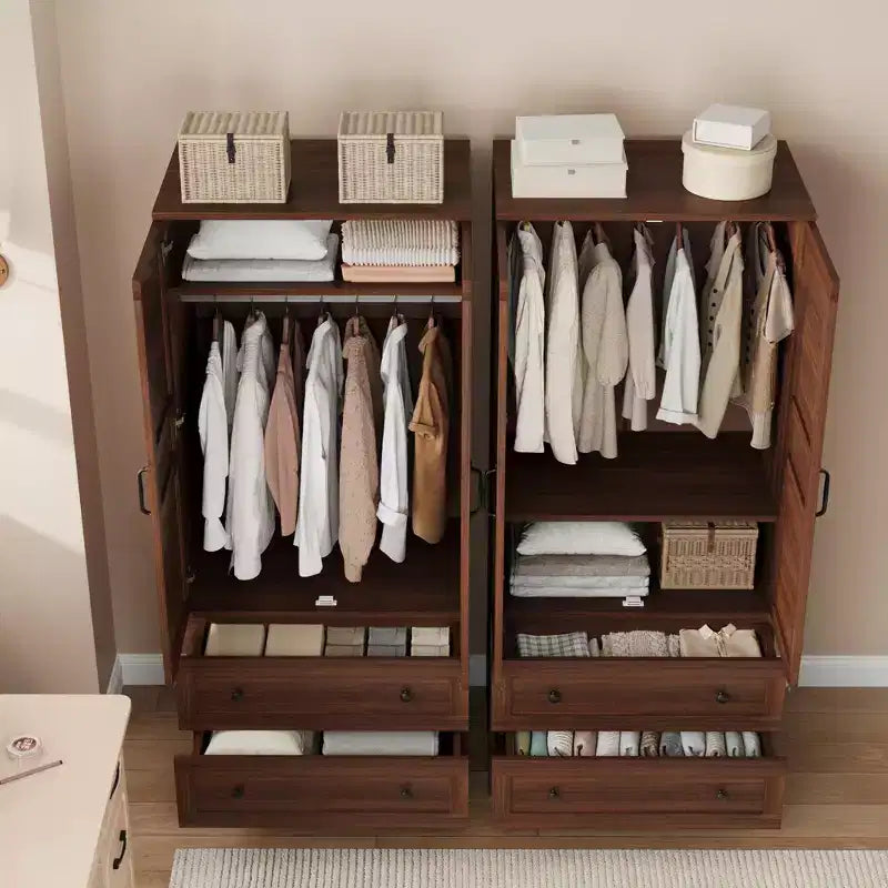 Armoire Wardrobe Closet with 2 Drawers, 72 Wooden Wardrobe Cabinet with Hanging Rod, Tall Clothing Armoire Cabinet with Doors