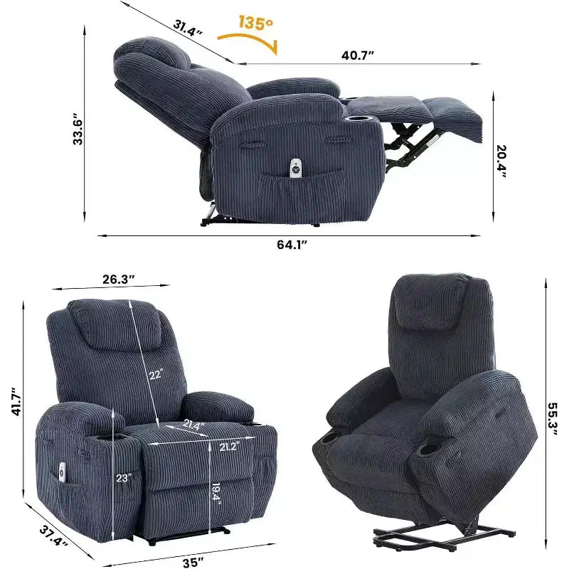 Power Lift Recliner Chair with Massage & Heat, 2 Cup Holders & Stand Assist