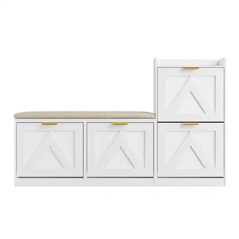 Farmhouse Shoe Cabinet with Bench, 4 Flip Drawers Entryway Shoe Storage Organizer with Comfort Cushioned Seat, Freestanding Shoe Rack Bench
