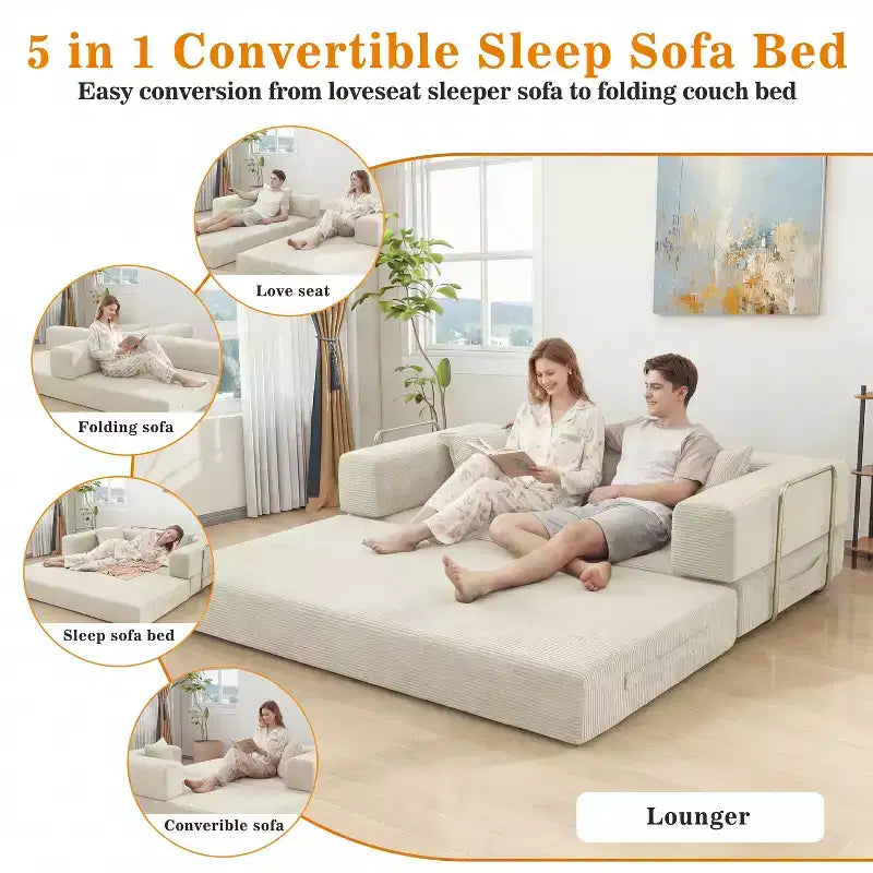Dyonery 78Folding Sofa Bed Convertable Corduroy Couch King Size Floor Sleeper 4-in-1 DIY Combination Modular Sofa Fold Out Comfy sofa.