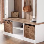 White and Oak Entryway Storage Bench with Hooks, Shelves, and 2 Woven Baskets Hall Tree