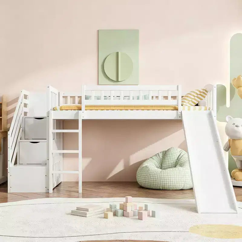 Luxystar Twin Size Loft Bed With Slide and Storage Stairs for Kids' Room