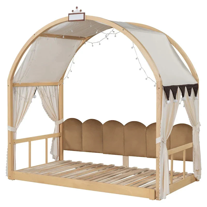 Solid Wood Playhouse Platform Bed Floor Montessori Bed Frame with Arched Roof and Trundle for Girls and Boys