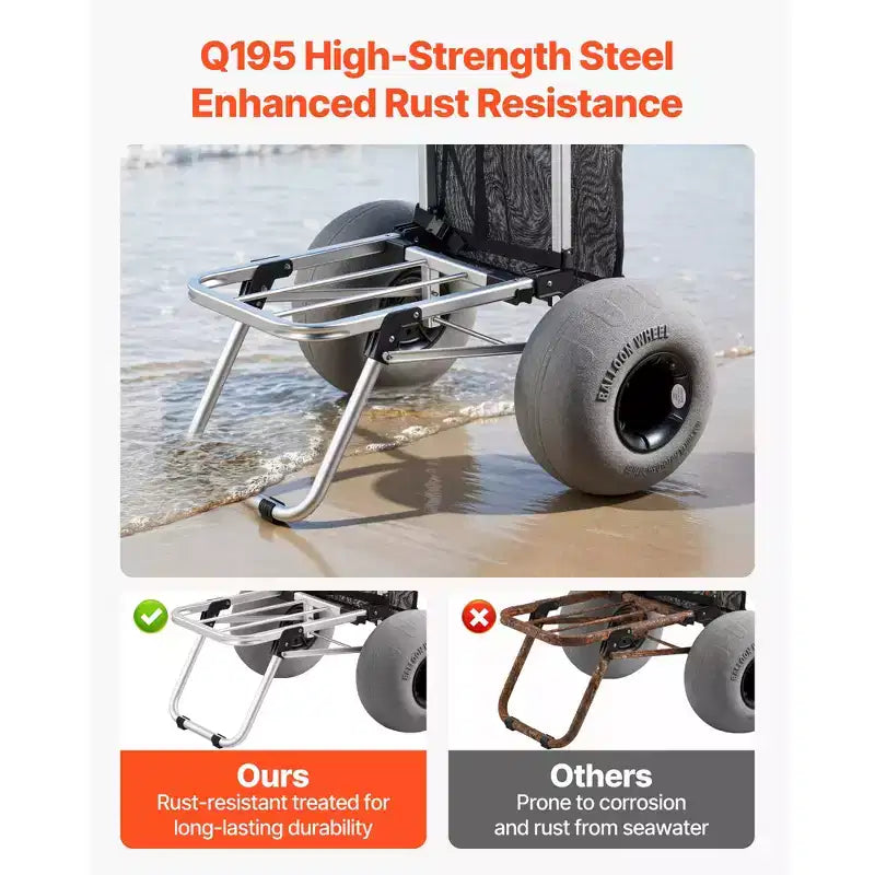 VEVOR Beach Dolly with Big Wheels for Sand, 20 x 15 Cargo Deck, Folding Sand Cart with 12 Balloon Wheels, 165 lbs Loading Capacity, Silver+Black