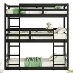 Rubberwood Detachable Triple Twin Bunk Bed with 2 Built-in Ladders and Guardrails