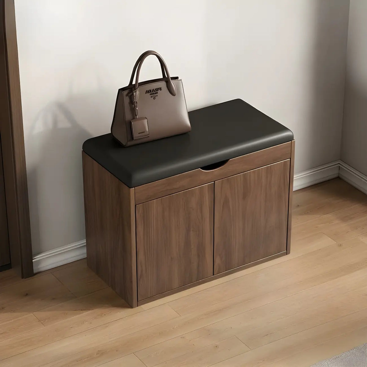Banc de rangement à chaussures en bois massif avec coussin et étagère ouverte