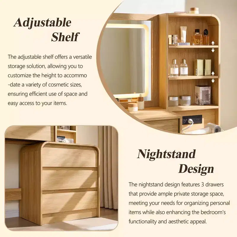 Vanity Desk with 35.4 LED Mirror and Lights, Modern Makeup Vanity Table with Charging Station & Adjustable Shelves