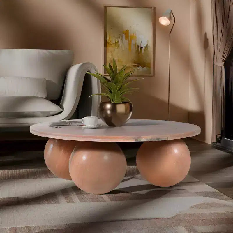 Round Marble Coffee Table with Sphere Legs, Multicolor, Seats 4–6