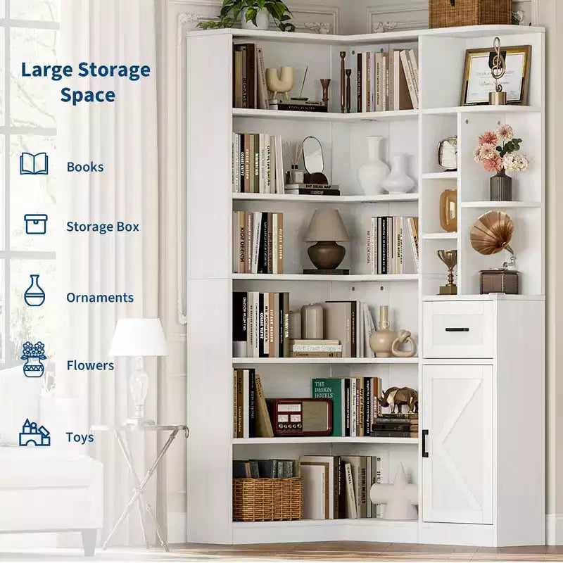 Bibliothèque d'angle haute de 188 cm - Étagère à 6 niveaux avec tiroir et placards, bibliothèque en forme de L avec étagères de rangement ouvertes, étagère d'exposition moderne pour la maison, le bureau