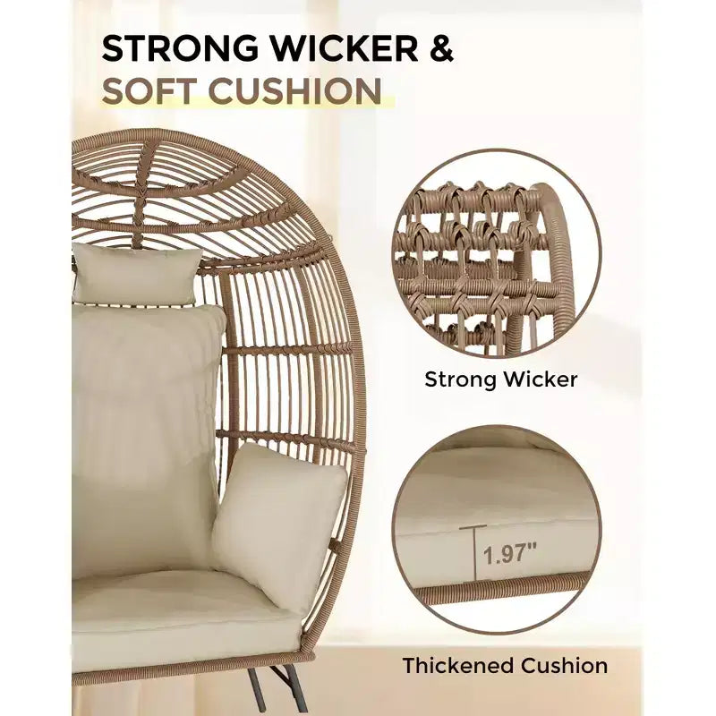 Oversize Wicker Egg Chair with Ottoman - Egg Shaped Lounge with Thick Cushion, Comfy Egg Rattan Seat, Indoor Outdoor Use, for Patio Porch Backyard