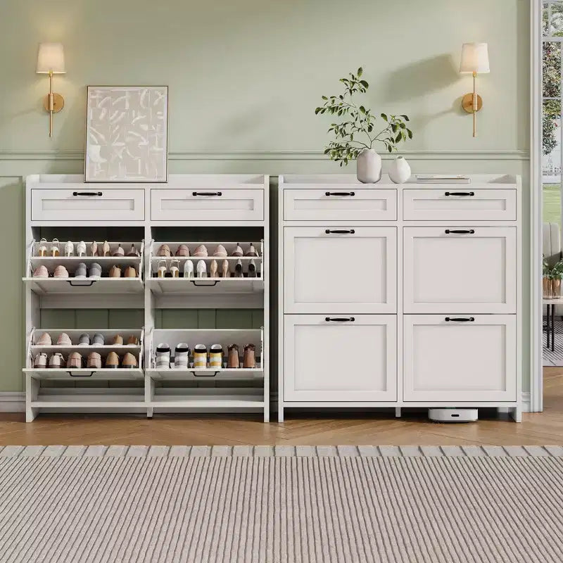Shoe Cabinet with 4 Flip Drawers & 2 Top Drawers, Wooden Shoe Organizer Cabinet with Adjustable Shelf, Freestanding Shoe Storage Cabinets