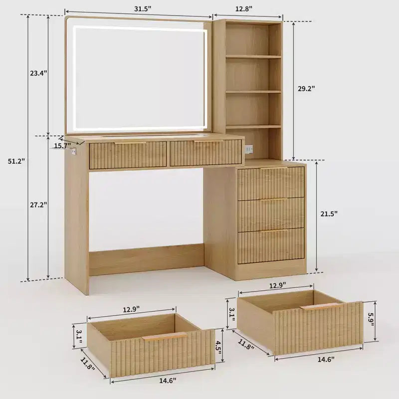 Vanity Desk with Mirror, 5 Drawers Glass Top Hairdryer Rack Wave Texture Makeup Table for Bedroom
