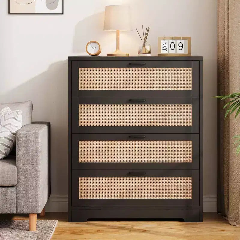 Zstar Modern Tall Rattan 4 Drawer Dresser or Living Room, Hallway, Entryway, Bedroom