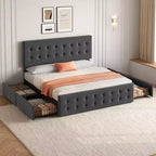 Storage Bed Frame with 4 Drawers & Adjustable Headboard - Upholstered Platform Bed