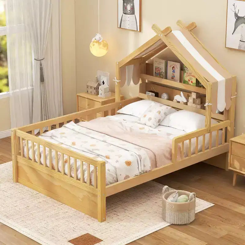 ModernLuxe Twin/Full Size Wooden House Bed with Storage Headboard, Solid Pine Kids Bed Frame with Guardrails
