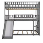 Full Over Full Triple Bunk Bed with Convertible Ladder and Slide, Triple Bed with Guardrails, White/Gray/Espresso - ModernLuxe