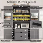 Tall Kitchen Pantry Cabinet with Power Outlets, Large Freestanding Cupboard with Microwave Stand, Drawers, Shelves, Wine Racks & Door-Shelf