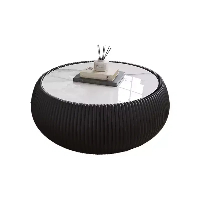 Okak Modern Round Drum Shape Coffee Table with Marble Top & Leather Side,Fashionable Center Table for Living Room,Bedroom