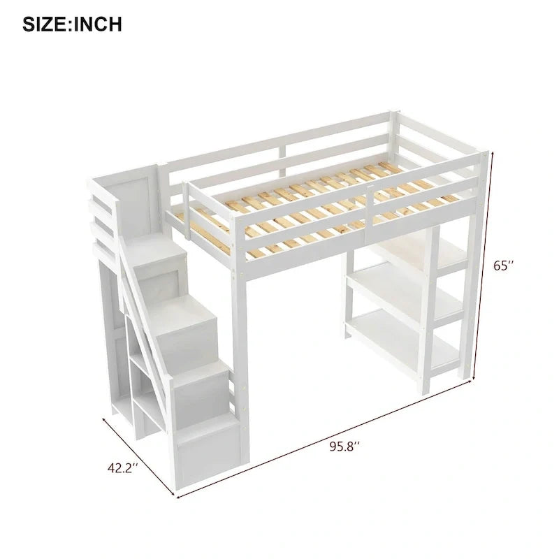 Full/Twin Loft Bed with Storage Stairs - Shelves, Wardrobe & LED Light, Space-Saving Design