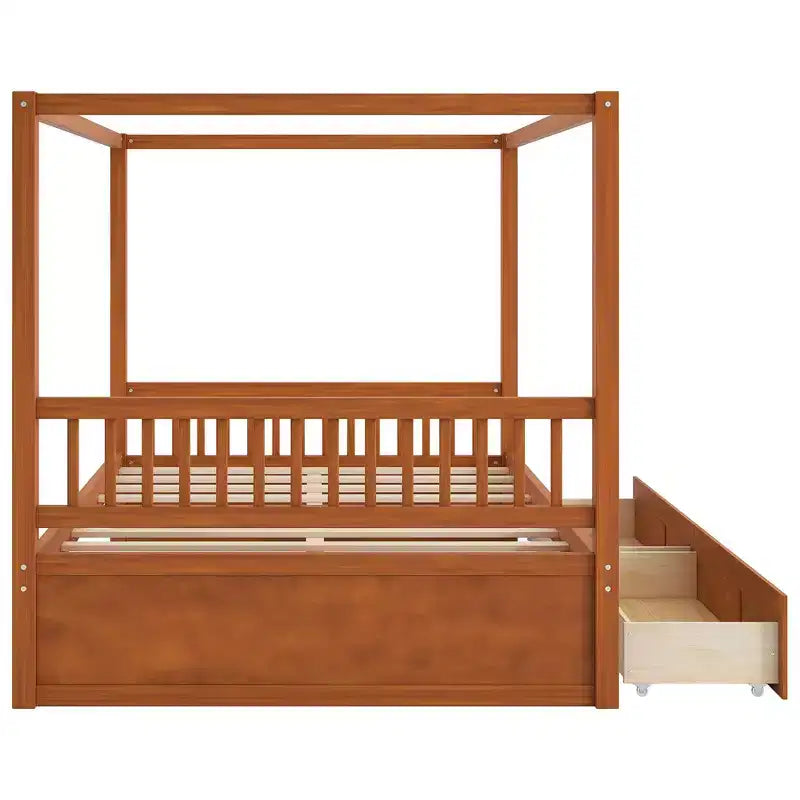 Cadre de lit à baldaquin en bois Whisen de taille Queen avec 2 tiroirs de rangement intégrés, construction robuste et durable