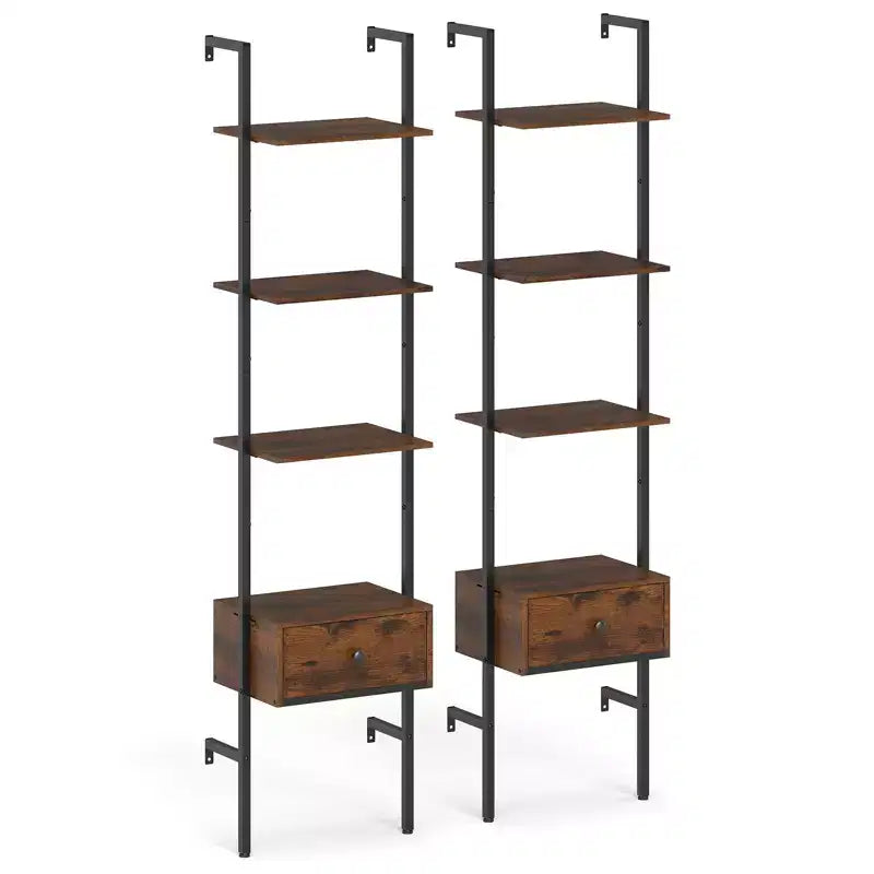 Costway 2 PCS 5-Tier Bookshelf w/ Drawer 70 Wall Mount Ladder Bookcase w/ Metal Frame