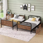 Twin XL over Twin XL Metal Bunk Bed Detachable Metal Bunk Bed with LED Light and Two Storage Drawers Black
