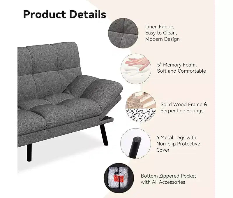 Convertible Futon Sofa Bed with Adjustable Backrest & Removable Armrests