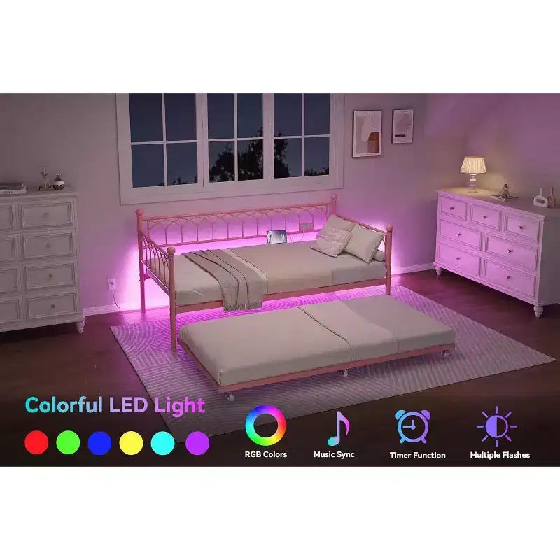 Twin Daybed with Trundle,with Charging Station & LED Lights,Metal Sofa Bed Frame with Pull Out Trundle for Living Room,Bedroom,Guest Room,Apartment