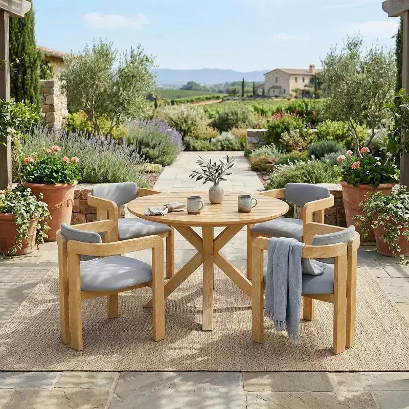 ModernLuxe 5pcs Outdoor Acacia Wood Round Dining Table Set, 47 Patio Table with 4 Cushioned Barrel Chairs for Garden/Patio/Backyard