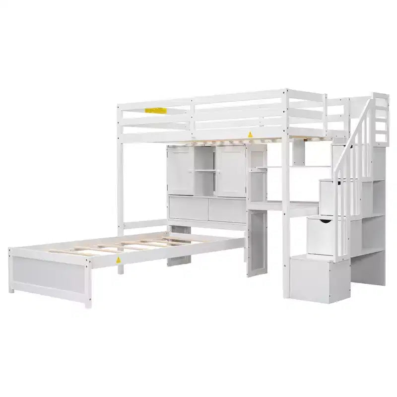 Wood Twin Size Bunk Bed with Desk and Staircase, L-Shaped Twin over Twin Loft Bed with Storage Compartments and Shelves