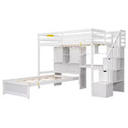 Wood Twin Size Bunk Bed with Desk and Staircase, L-Shaped Twin over Twin Loft Bed with Storage Compartments and Shelves
