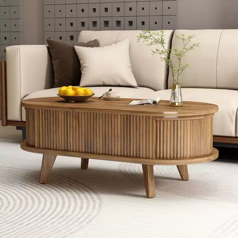JVNOXK Fluted Lift Top Coffee Table with Hidden Compartment, Wooden Center Table, Modern Oval Lift Tabletop for Home Living Room Office, Walnut