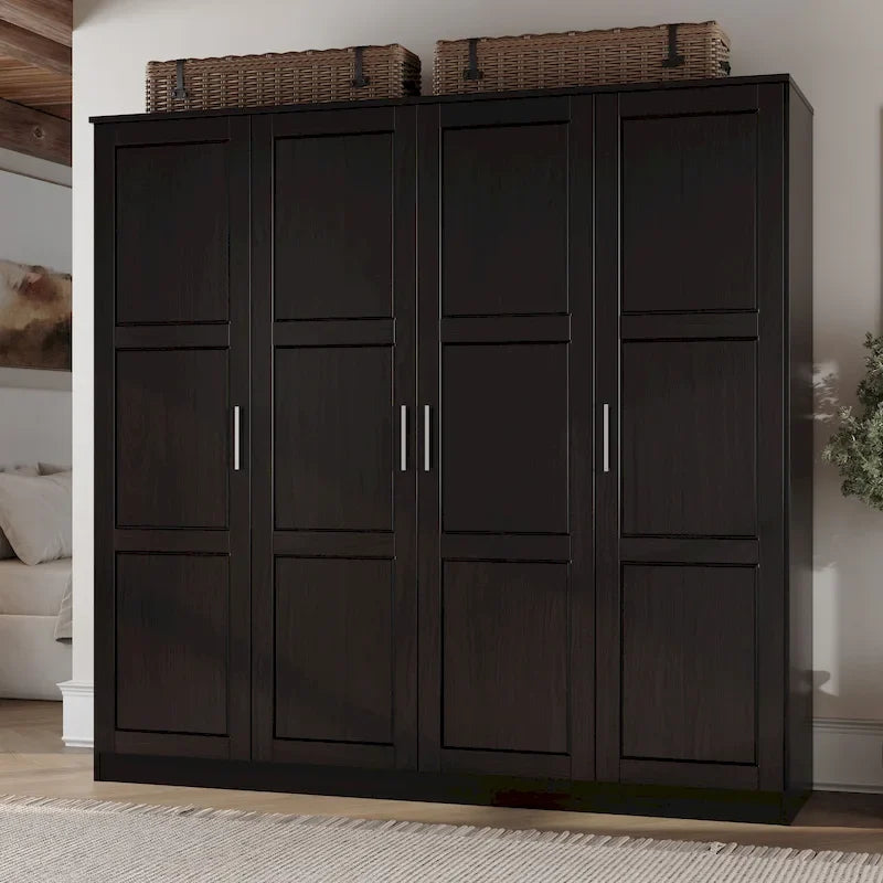 100% Solid Wood  4-Door Wardrobe with Solid Wood or Mirrored Doors