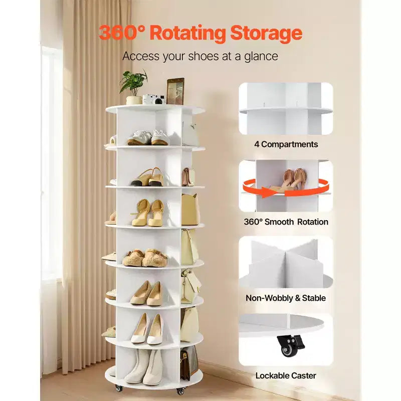 VEVOR 7 Tiers Rotating Shoe Rack Tower with Wheels, Movable 360 Spinning Carousel Display, Lazy Susan Organizer Closet Shelf, White