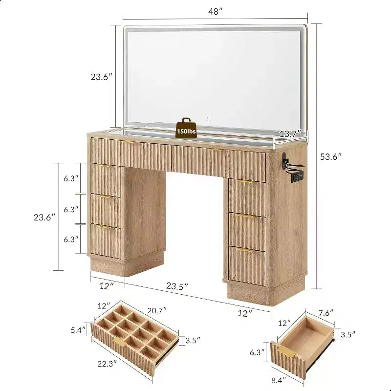 48 Fluted Makeup Vanity Desk with Mirror and Lights, Modern Vanity Table with 8 Drawers & Charging Station, Vanity Desk with Glass Top