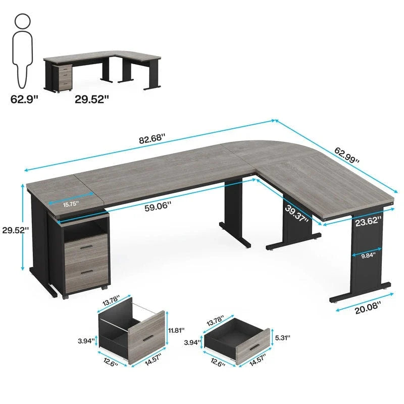 83 L-Shaped Executive Desk, Large L Office Desk with 3-Drawer Mobile File Cabinet, Business Furniture Desk Workstation