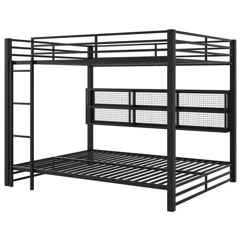 Metal Queen over Queen Bunk Bed with Storage Cabinets and LED, Black