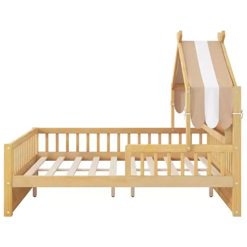 ModernLuxe Twin/Full Size Wooden House Bed with Storage Headboard, Solid Pine Kids Bed Frame with Guardrails