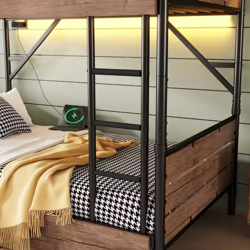 Twin XL over Twin XL Metal Bunk Bed Detachable Metal Bunk Bed with LED Light and Two Storage Drawers Black
