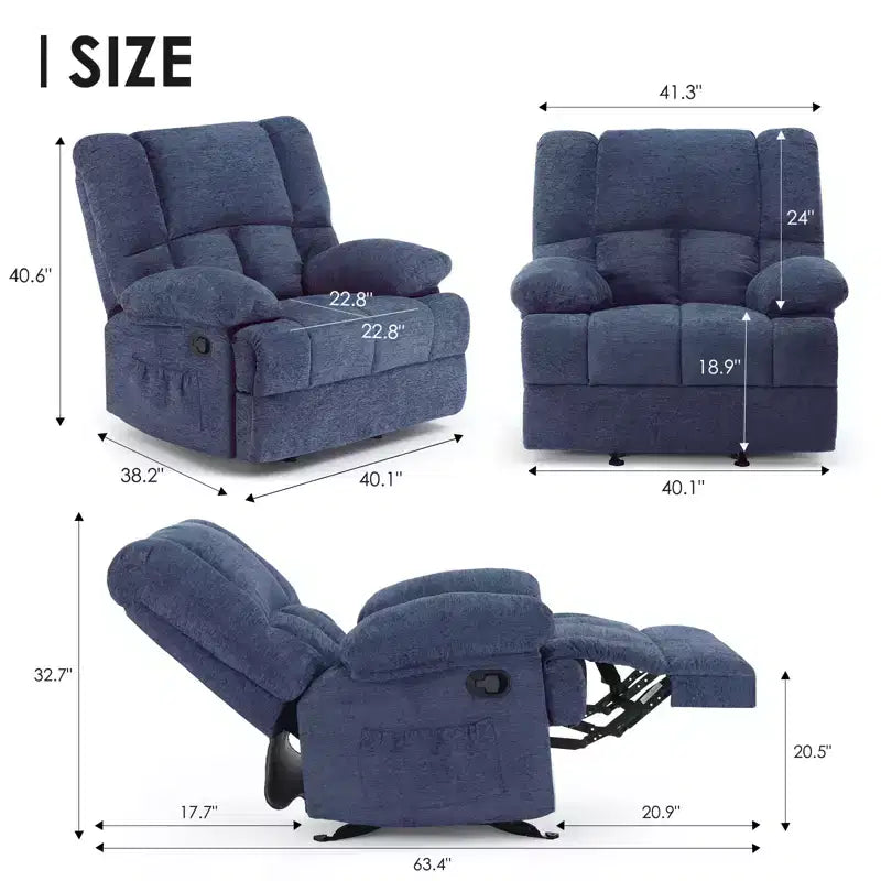 Blue Oversized Rocking Recliner Chair with Chenille Upholstery