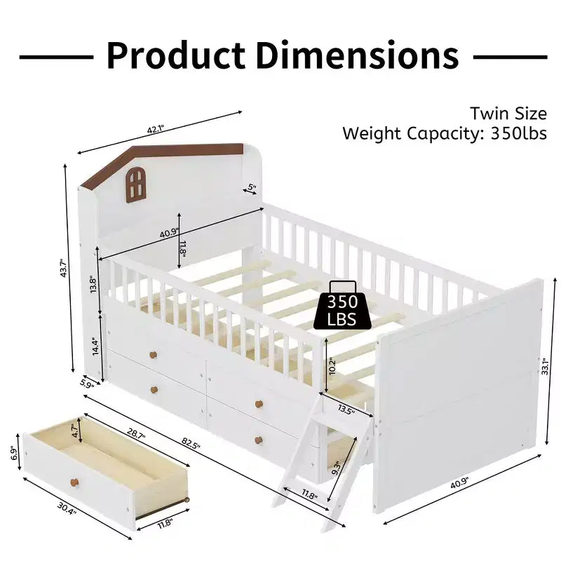 Whisen Twin Wooden Bed Frame, Platform Bed Frame with Storage 4 Drawers, Guardrail Headboard and Ladder