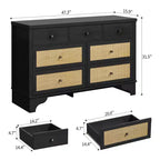 7 Drawer Dresser for Bedroom, 47.3 Wide Natural Rattan Chest of Drawers, Wood Boho Clothing Storage Organizer, for Living Room