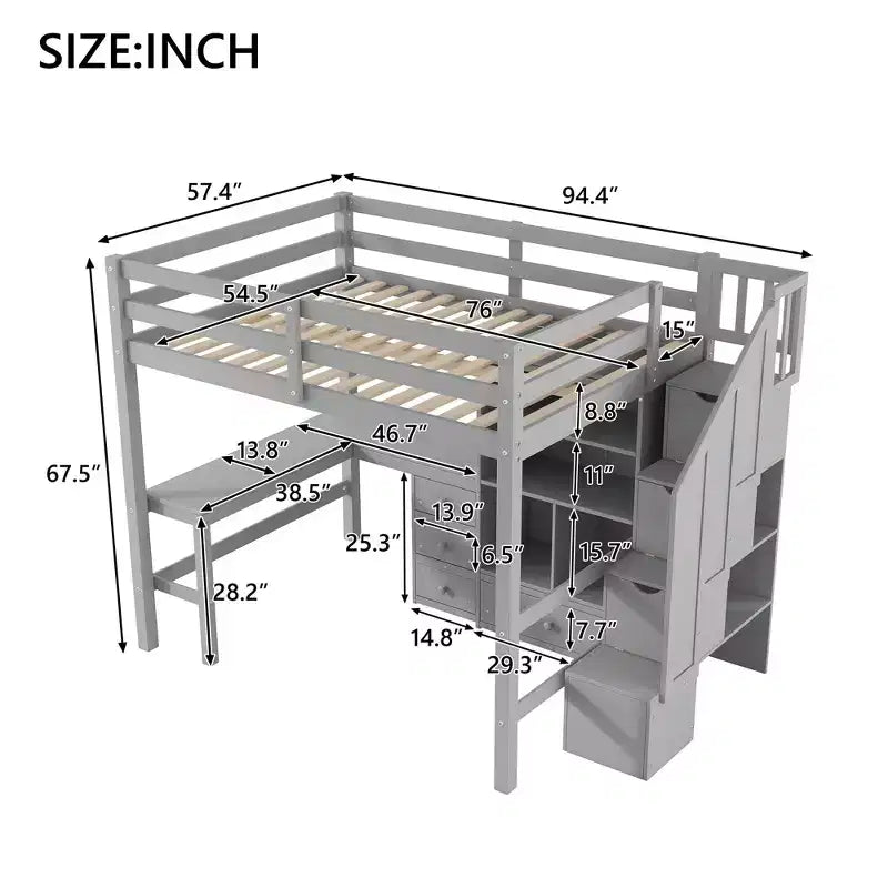 Clihome Full Size Loft Bed with L-Shaped Desk and Drawers, Cabinet and Storage Staircase
