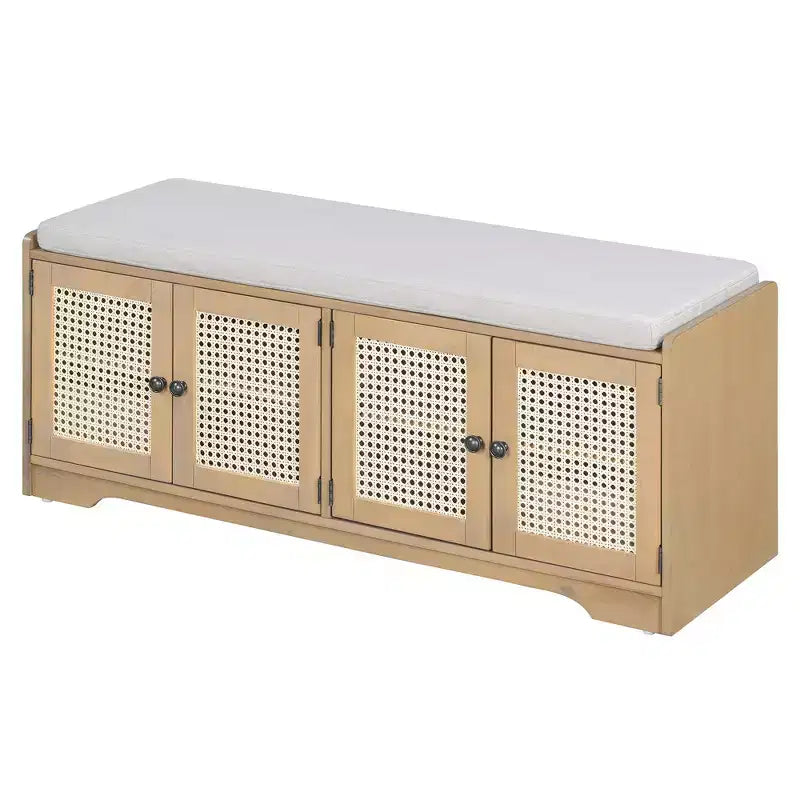 Whisen Rustic Wood Storage Bench, Entryway Shoe Bench with Removable Cushion, Adjustable Shelves