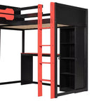 L-Shaped Gaming Loft Bed with Desks, Double Twin Loft Beds with LED Lights, USB Ports, Storage Bookshelves, Wood Corner Loft Bed for 2