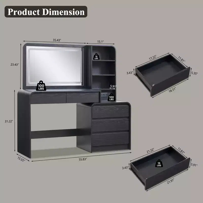 Vanity Desk with 35.4 LED Mirror and Lights, Modern Makeup Vanity Table with Charging Station & Adjustable Shelves